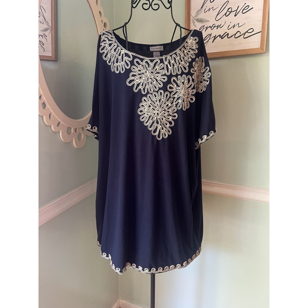 Catherines Kimono Tunic Top Plus Size 1X Blue Floral Embroidered 1/2‎ Sleeve